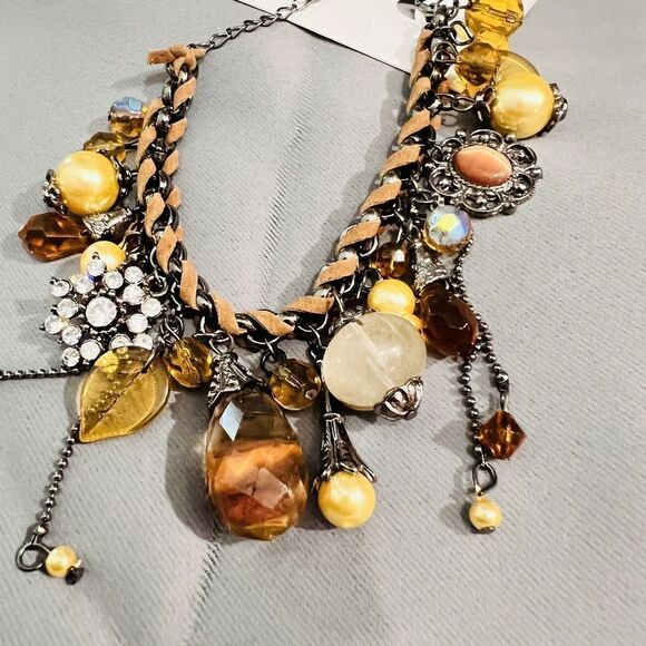 Art Glass Dangle Charm Bracelet Faux Pearl Leather Rhinestone Dangle Earth Tone - Picture 8 of 13